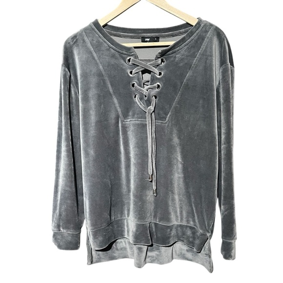 Spring + Mercer Gray Super Soft Velour Lace Front Top Shirt Sweatshirt - Picture 1 of 10